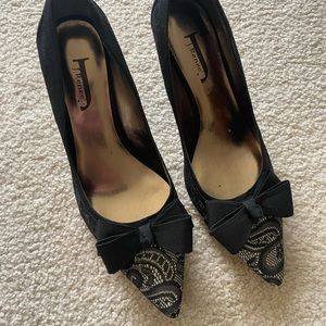 J Renee Black Lace Heels with Bow - Size 10.5W